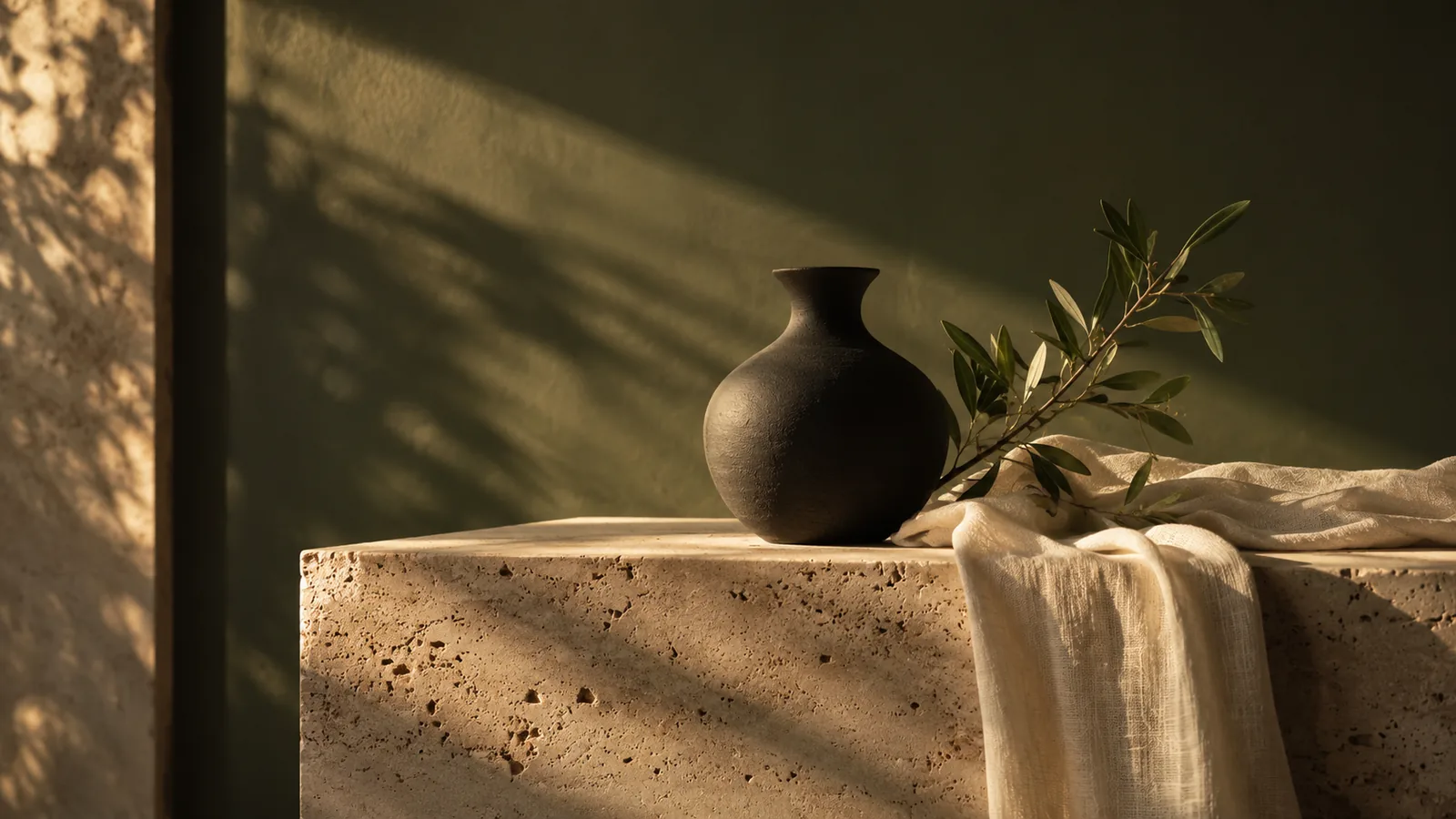 Sunlight across a ceramic vessel and textured studio materials